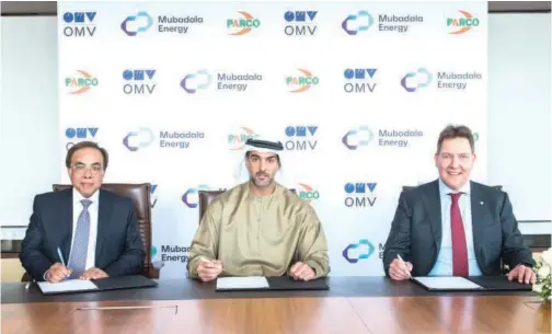  ?? ?? ↑
Officials during the MOU signing of Mubadala Energy, OMV and PARCO.