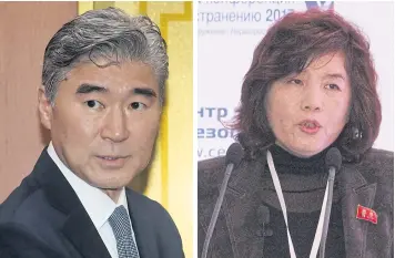  ?? EPA-EFE ?? Sung Kim, left, ex-US envoy to Seoul, and Choe Son-hui, North Korea’s vice foreign minister, met to arrange the summit.