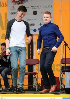  ??  ?? Ryan Sheridan and Aaron Glancy performing at the Sligo County Fleadh ‘ gig rig’ in Stephen Street Car Park last Saturday.