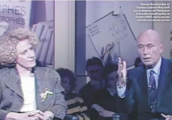  ?? PHOTO CAPTURE D’ÉCRAN YOUTUBE, INA CULTURE ?? Denise Bombardier et l’auteur Gabriel Matzneff sur le plateau de l’émission française Apostrophe­s , le 2 mars 1990.