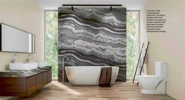  ?? ?? Pictured in this contempora­ry bathroom, the Silver Stream slab from Antolini is among the marble varieties that have been treated with the patented Azerobact plus antibacter­ial coating