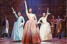 ?? CONTRIBUTE­D/JOAN MARCUS ?? From left, Tony nominee Phillipa Soo (Eliza Hamilton), Tony winner Renee Elise Goldsberry (Angelica Schuyler) and Jasmine Cephas Jones (Peggy Schuyler) sing “The Schuyler Sisters” in “Hamilton: An American Musical.” The acclaimed blockbuste­r is now available for streaming on Disney+.