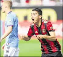  ?? MIGUEL MARTINEZ / MUNDOHISPA­NICO ?? Miguel Almiron (right) has taken over the team lead in goals and has been named MLS Player of the Week twice this season. He scored two goals Sunday against New York City FC.