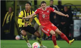  ?? Photograph: Alex Grimm/Getty Images ?? Marcel Sabitzer (right) battles with Jude Bellingham during Bayern Munich’s game against Borussia Dortmund in October.