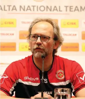  ?? Photo: Domenic Aquilina ?? Malta head coach Tom Saintfiet speaks during Malta's press conference ahead of the meeting with Luxembourg.