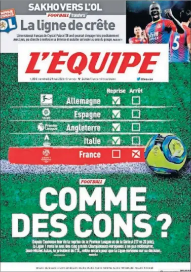  ??  ?? La portada de ayer del diario L’Équipe cuestiona la decisión de cancelar la liga francesa: “¿Cómo tontos?”