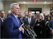  ?? PATRICK SEMANSKY — THE ASSOCIATED PRESS ?? House Minority Leader Kevin McCarthy of Calif., speaks with journalist­s after winning the House Speaker nomination at a House Republican leadership meeting, Tuesday on Capitol Hill in Washington.