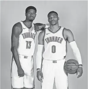  ?? MARK D. SMITH/USA TODAY SPORTS ?? Paul George (13) and Russell Westbrook averaged 21.9 and 25.4 points per game, respective­ly, last season for the Thunder.