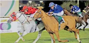  ?? Supplied photo ?? Muraaqib, ridden by Jim Crowley and RB Burn (left) with Gerald Avranche astride contested a closely fought race in the Sheikh Zayed bin Sultan Al Nahyan Jewel Crown Grade 1 race . —