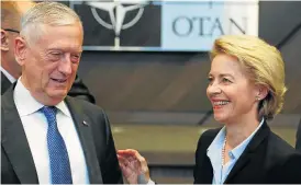  ?? /Reuters ?? Cruise control: US defence secretary Jim Mattis, seen here with German defence minister Ursula von der Leyen, said at a Nato gathering the US would ‘respond’ to Russia’s covert missile project.