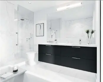 ??  ?? Bathrooms feature porcelain tiles in marble and matte grey finishes with in-floor heating and quartz countertop­s.
