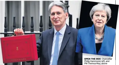  ??  ?? OPEN THE BOX Chancellor Philip Hammond, left, and PM Theresa May, above