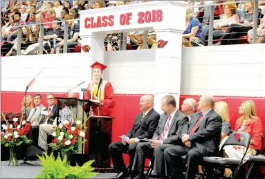  ??  ?? Farmington High School Valedictor­ian Coleman Warren addressed the graduating Class of 2018 during graduation ceremonies on Tuesday, May 15, 2018, at Cardinal Arena.