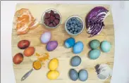  ?? PHOTOS/THE NEW YORK TIMES ?? Yellow onion skins, beets, blueberrie­s, red cabbage, ground turmeric and hibiscus loose-leaf tea are used to naturally dye Easter eggs.