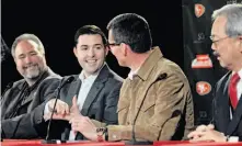  ?? Lance Iversen / The Chronicle ?? Santa Clara Mayor Jamie Matthews (left), 49ers CEO Jed York, Levi Strauss CEO Chip Bergh and S.F. Mayor Ed Lee.