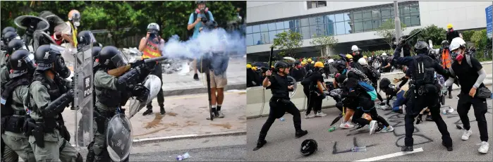  ?? — Agencies photos ?? Combinatio­n photo shows riot police firing tear gas rounds (left) and riot police clashing with protesters at Kowloon Bay in Hong Kong as a standoff descended into violence in the latest opposition to a planned extraditio­n law that has since morphed into a wider call for democratic rights in the semi-autonomous city.