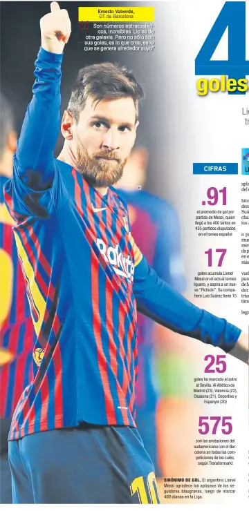  ?? AP ?? SINÓNIMO DE GOL. El argentino Lionel Messi agradece los aplausos de los seguidores blaugranas, luego de marcar 400 dianas en la Liga.