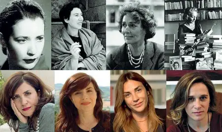  ??  ?? Qui sopra, da sinistra a destra, Nadia Terranova, Tea Ranno, Viola Ardone e Valeria Parrella In alto, sempre da sinistra a destra, Anna Maria Ortese, Natalia Ginzburg, Alba de Cespedes