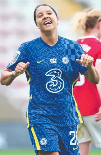  ?? ?? Sam Kerr celebrates scoring for Chelsea against Manchester United. Picture: Getty