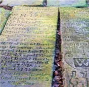  ??  ?? Lynn Grady with an original desk at Heptonstal­l museum; once the grammar school (left). Counterfei­ter David Hartley’s gravestone (right).