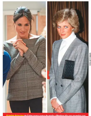  ??  ?? El tejido Príncipe de Gales nunca pasa de moda y Meghan dio una muestra con esta chaqueta de Stella Mccartney, en Cardiff. También era muy del gusto de Diana, quien se ve aquí en la estación Paddington de Londres.