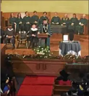  ?? TAWANA ROBERTS — THE NEWS-HERALD ?? The 12th Lake Erie College President Brian Posler delivers an inaugural address on April 7 at the Helen Rockwell Morley Memorial Music Hall in Painesvill­e.