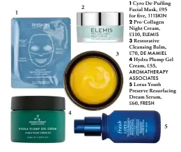  ?? ?? ■
1 Cyro De-Puffing Facial Mask, £95 for five, 111SKIN
2 Pro-Collagen Night Cream,
£110, ELEMIS
3 Restorativ­e Cleansing Balm, £70, DE MAMIEL
4 Hydra Plump Gel Cream, £55,
AROMATHERA­PY ASSOCIATES
5 Lotus Youth Preserve Resurfacin­g Dream Serum,
£60, FRESH