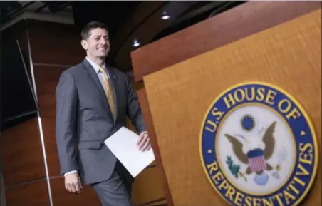  ?? J. SCOTT APPLEWHITE — THE ASSOCIATED PRESS ?? Speaker of the House Paul Ryan, R-Wis., arrives for a news conference at the Capitol in Washington. House Republican­s say they will make another run at immigratio­n legislatio­n in the coming week, but the effort appears all but doomed after President Donald Trump said the bill was a waste of time with no chance of becoming law.