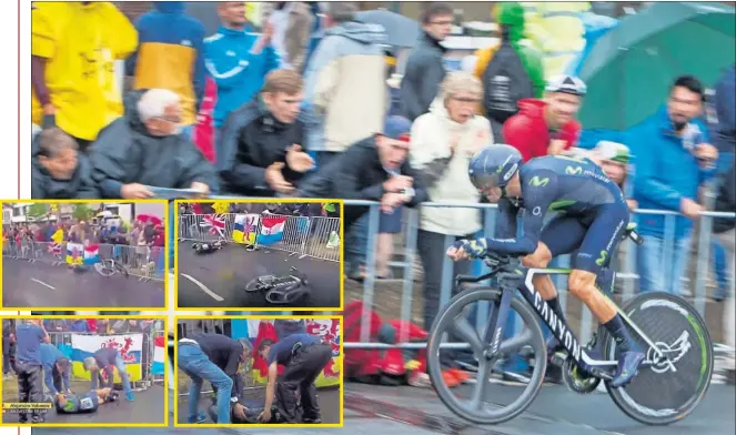  ??  ?? ADIÓS AL TOUR. Alejandro Valverde perdió el control en una curva a la izquierda, se fue al suelo y chocó con la valla de protección. Fue evacuado en ambulancia y abandonó el Tour.