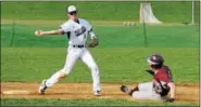  ??  ?? Pope John Paul II infielder Colt Narciso (3) tries to turn a double play as Pottsgrove’s slides toward second base during their PAC Frontier game April 5. (Austin Hertzog Digital First Media)