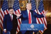  ?? Wilfredo Lee/Associated Press ?? Former President Donald Trump said House Speaker Mike Johnson, R-La., is doing a “very good job” during a news conference Friday at Mar-a-Lago in Palm Beach, Fla.