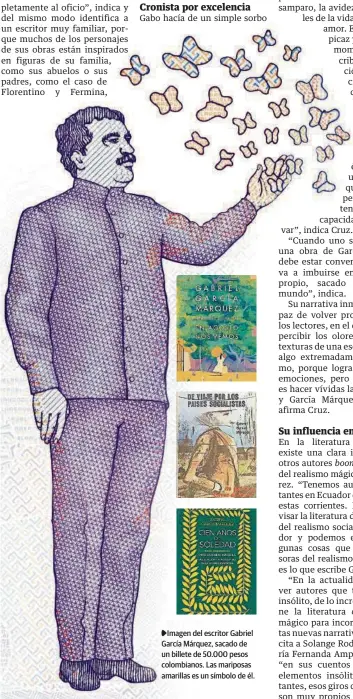  ?? SHUTTERSTO­CK ?? ▶Imagen del escritor Gabriel García Márquez, sacado de un billete de 50.000 pesos colombiano­s. Las mariposas amarillas es un símbolo de él.