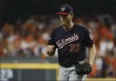  ?? MATT SLOCUM - THE ASSOCIATED PRESS ?? Washington Nationals starting pitcher Stephen Strasburg reacts after Houston Astros’ Michael Brantley grounded out to end the fifth inning of Game 6 of the baseball World Series Tuesday, Oct. 29, 2019, in Houston.