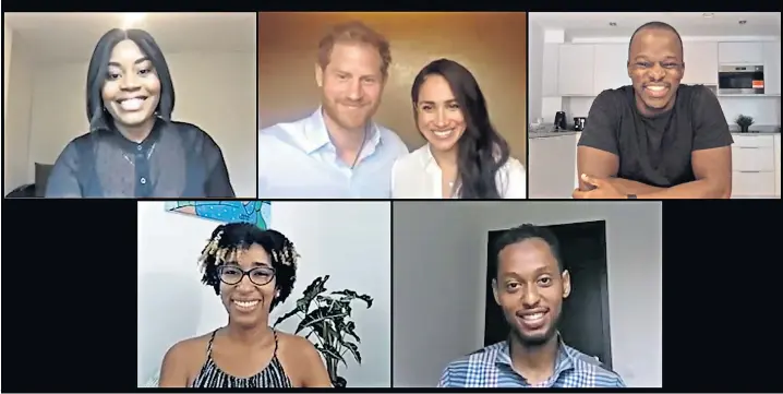  ??  ?? Young leaders from the Queen’s Commonweal­th Trust discuss justice and equal rights with the Duke and Duchess of Sussex via video link
