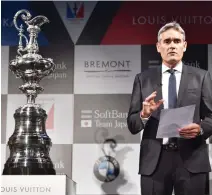  ??  ?? Russell Coutts, CEO of the America's Cup Event Authority delivering a speech next to the America's Cup trophy during a press conference in Tokyo, in this June 2016 file photo. (AFP)