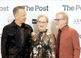  ??  ?? Actors Tom Hanks, Meryl Streep and director Steven Spielberg. (AP)