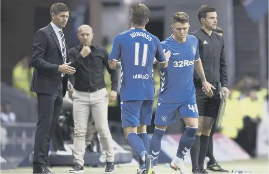  ??  ?? Substitute Glenn Middleton replaces Josh Windass against Shkupi on Thursday night. The former Norwich City youngster gave Rangers some much-needed spark from the wing.