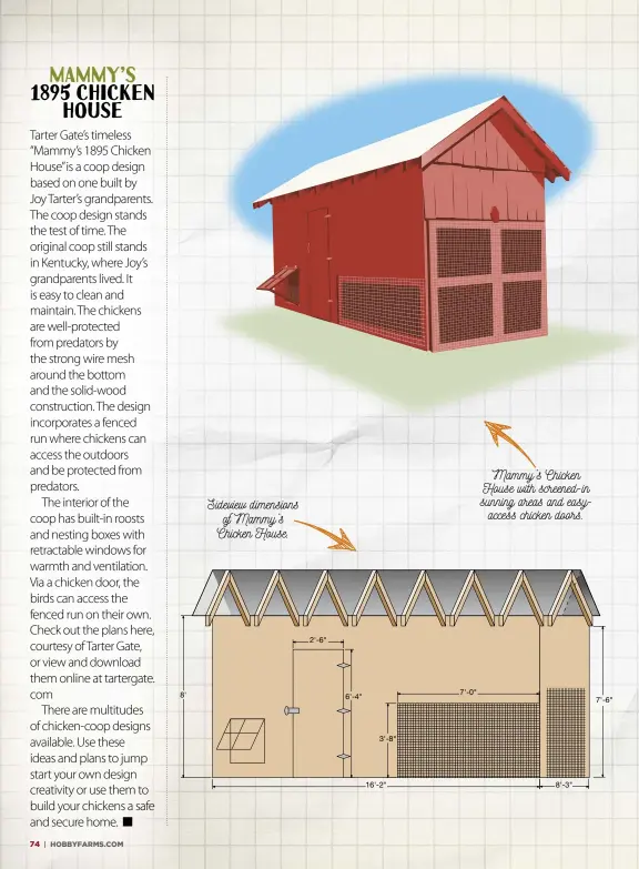  ??  ?? Sideview dimensions of Mammy’s Chicken House.
Mammy’s Chicken House with screened-in sunning areas and easyaccess chicken doors.