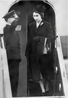  ?? ?? This Sunday marks the official beginning of the Platinum Jubilee: The Queen acceded to the throne on the death of her father, George Vl, on February 6, 1952. Here, she is pictured getting off the aeroplane that brought her back home from Kenya the next day; having left her home country only a week before as Princess Elizabeth, she returned as its Queen