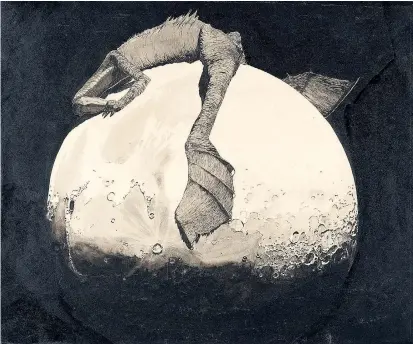  ??  ?? Das Werk von Klemens Brosch ist von fantastisc­hen Motiven durchzogen: „Das Krokodil auf der Mondscheib­e“(um 1912).
