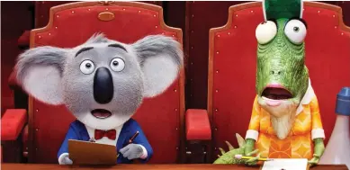  ??  ?? Animal magic: The judges in the animation Sing. Inset: Scarlett Johansson’s singing porcupine