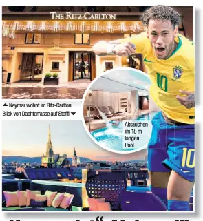  ??  ?? Neymar wohnt im Ritz-Carlton: Blick von Dachterras­se auf Steffl Abtauchen im 18 m langen Pool