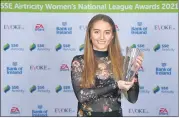  ?? (Pic: Piaras Ó Mídheach/Sportsfile) ?? Kilbehenny’s Aoibheann Clancy of Wexford Youths, with her Young Player of the Year award during the 2021 SSE Airtricity Women’s National League Awards.