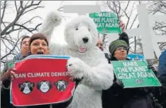  ?? REUTERS ?? Activists protest against Myron Ebell, head of Donald Trump's Environmen­tal Protection Agency's transition team, Brussels, Belgium, February 1