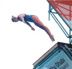  ?? Courtesy: Organiser ?? Australia’s Rhiannan Iffland takes a dive during the Fina High Diving World Cup for women.