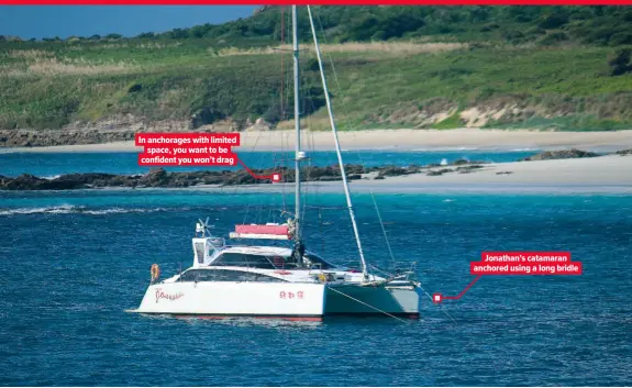  ??  ?? In anchorages with limited space, you want to be confident you won’t drag Jonathan’s catamaran anchored using a long bridle