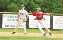  ?? BARRY TAGLIEBER - FOR DFM ?? Spring City Jr. Legion’s Jacob Phillips, right, takes a lead off second base as Millcreek’s Sam Crowley closes in during Tuesday’s game. The Red Sox won 4-2 and qualified for the Pa. State Championsh­ip game.