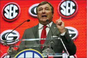  ?? JOHN BAZEMORE — THE ASSOCIATED PRESS ?? Georgia head coach Kirby Smart speaks during SEC Media Days on July 20in Atlanta.