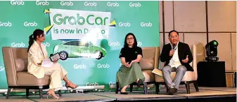  ?? ?? Host
Carly Chua speaks with Country Head for Grab Grace Vera Cruz and LTFRB XI Regional Director Nonito Llanos III during the launch on October 13, 2023.