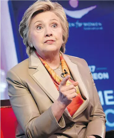  ?? BEN GABBE / GETTY IMAGES ?? Former U. S. Secretary of State and Democratic presidenti­al nominee Hillary Clinton speaks during The Women For Women Internatio­nal’s Luncheon Tuesday in New York.